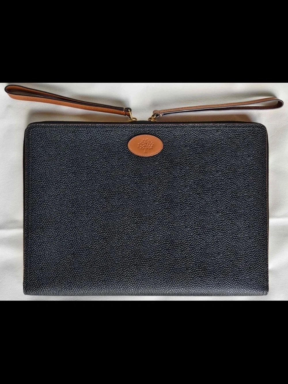 Mulberry Black Pebbled Leather Laptop Folio with Tan Trim